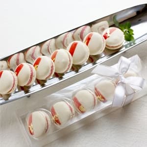 銀の器とギフトBOX に入った マカロン「サクラ」|洋菓子