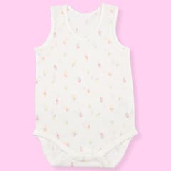 ピンクの袖なしロンパース、メッシュ生地、かぶりタイプ