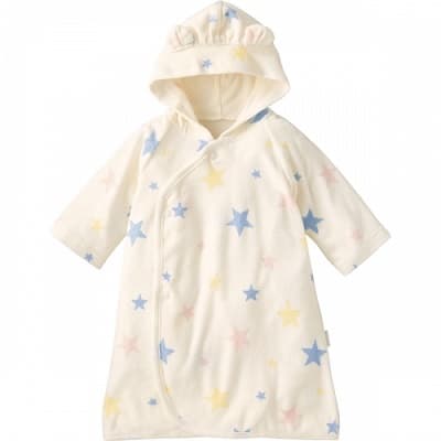 パステルカラーに星の柄を散りばめている耳付きスリーパー