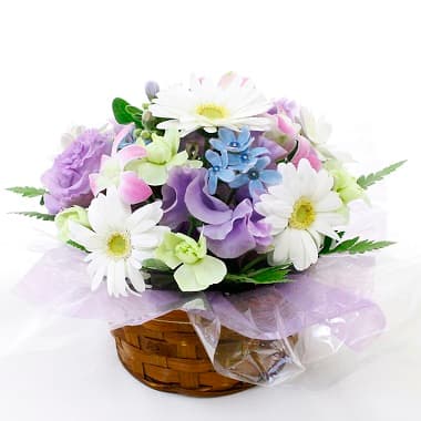 バスケットに植えられた綺麗なフラワーアレンジ