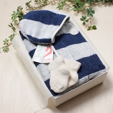 マリンボーダーバスローブ(ネイビー)とパイル靴下のセット