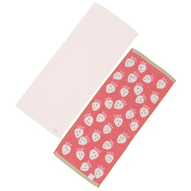 イチゴ柄のフルーツ無撚糸フェイスタオル