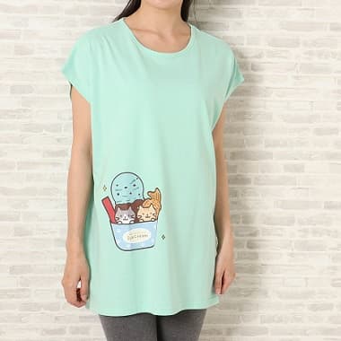 FukuFukuNyanko イラストボックスTシャツ グリーン