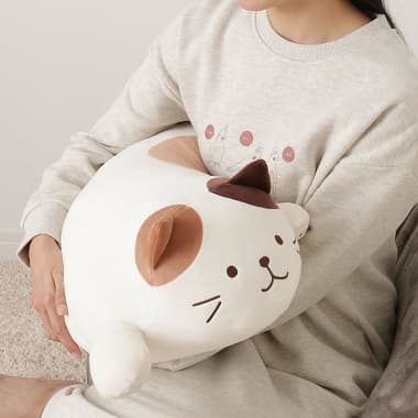 ミケの抱き枕を抱っこしている