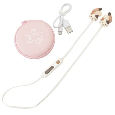 FukuFukuNyanko ダイカットワイヤレスイヤホン ミケカラーのイヤホンとピンクの丸いケース