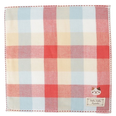 FukuFukuNyanko ガーゼハンドタオル(チェック) 広げたミケ×レッド