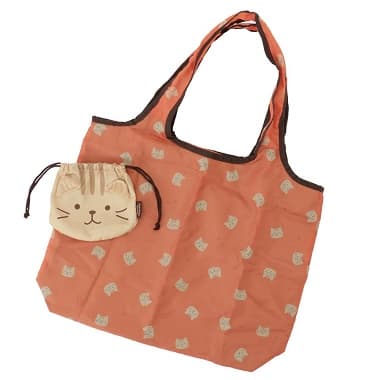 FukuFukuNyankoチャチャの巾着が付いたオレンジ色のエコバッグ