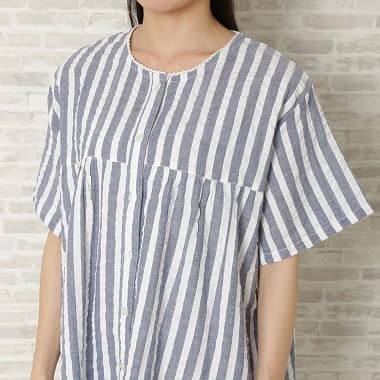 サッカーストライプ半袖パジャマ ネイビーホワイトのトップス