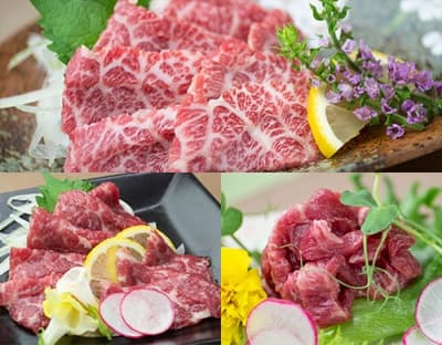 大トロ、カルビユッケ、霜降りの美味しそうな馬刺し