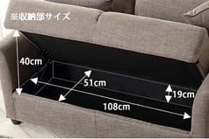 2人掛けソファー、収納部のサイズ