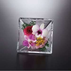 四角いガラスの器に飾られた綺麗なフラワーアート